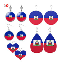 Nouveaux produits de style drapeau haïtien : Boucles d'oreilles en cuir et métal avec motifs drapeaux haïtiens pour la décoration des oreilles