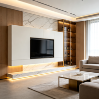 Meubles de cuisine contemporains de luxe sur mesure en MDF avec îlot en cascade, quincaillerie dorée, dressing, TV, salle à manger/salon