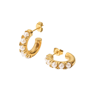 2025 Venta caliente diseño Simple mujer Chunky cinco incrustaciones de acero inoxidable impermeable 18K PVD chapado en oro perlas Stud pendientes - Product Image 1
