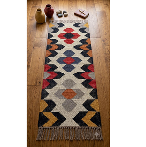 Handwoven Boho Geometric <b>Runner</b> <b>Rug</b> | Wool Jute Tribal Kilim <b>Hallway</b> Carpet for Southwestern Farmhouse Home Decor Bedroom - Product Image 1