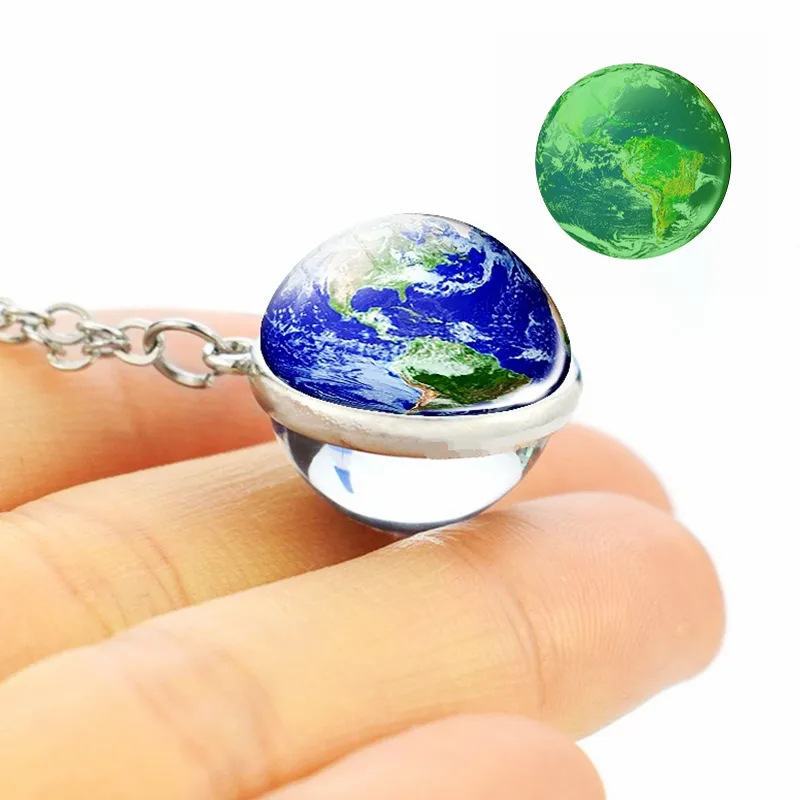 Glow in the Dark Women's Silver Plated Solar System Necklace Earth Sun Jupiter Mercury Double Side Glass Ball Necklace