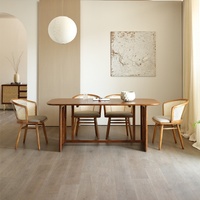 Table à manger multifonctionnelle en bois massif Wabi-sabi avec coins arrondis, style moderne minimaliste, longue banquette, ensemble de chaises en rotin