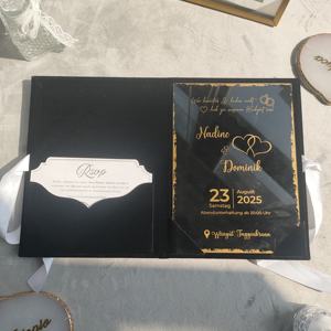 Custom Gold Foil Monogram Faire <strong>Part</strong> De Mariage clear Acrylic Wedding Invitation Card with Black Velvet Folio Pocket RSVP Set - Product Image 1