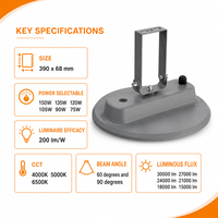 75-150W 3CCT 60/90 °   Garantie de 7 ans, 200 lm/W, Liteon SMD5050, lentille en PC, IP66, IK08, éclairage LED UFO industriel pour entrepôt, éclairage LED haute luminosité