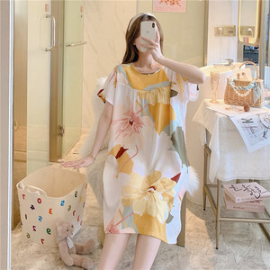 ชุดนอนผ้าไหมคอตตอนระบายอากาศสำหรับผู้หญิงใส่ในฤดูร้อนชุดเดรสแขนสั้นพิมพ์ลายดอกไม้ชุดใส่อยู่บ้านทำจากผ้าเรยอน - Product Image 5