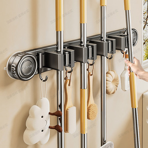Bathroom Suction Cup <b>Mop</b> Holder With Hooks Stainless Steel <b>Wall</b> Mounted Organizer For Toilet Door Broom And Rag Storage - Product Image 4