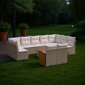 Ensemble de canapés de jardin en rotin beige 8 places, mobilier d'extérieur résistant aux intempéries, design contemporain, structure en teck - Product Image 2