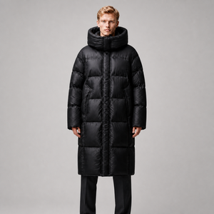 Manteau long en duvet noir unisexe pour homme avec capuche, fermeture éclair, imperméable, en polyester épais, coupe droite, style minimaliste - Product Image 1