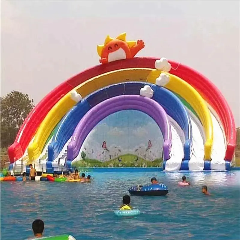 Piscina de soporte con tobogán arcoíris grande, Marco portátil comercial, equipo de entretenimiento para Parque Acuático para niños y adultos