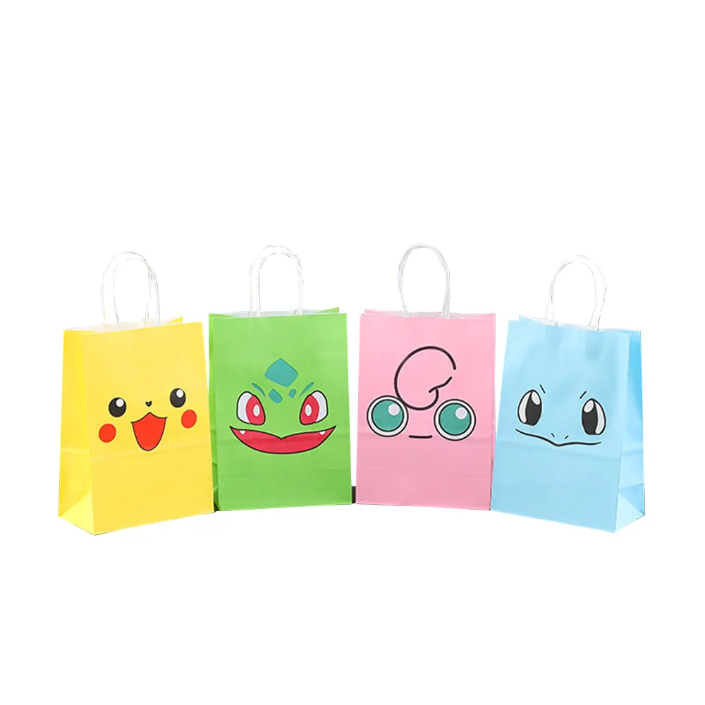 Eco Pikachu-Bolsa de regalo de Papel Kraft para fiesta de dibujos animados, con mango giratorio, recuerdo de fiesta, regalos para niños