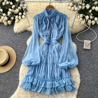 Robe Courte Élégante en Chiffon pour Femme WIWT, Col Montant, Manches Longues Lanterne, Ourlet Volanté, Idéale pour Soirées Décontractées