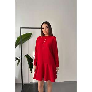 Vestido Mini Clásico Rojo al por Mayor, Estampado Floral y Liso, Material de Viscosa, Volantes, Apliques, Estilo Formal de Oficina para Mujer, Tallas XS-XL - Product Image 3