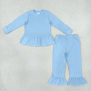 เสื้อผ้าเด็กผู้หญิง เสื้อแขนยาวระบายสีพื้นและกางเกงขาบานเข้าชุด - Product Image 2