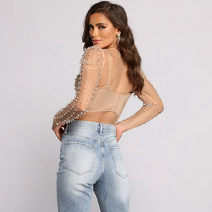 Vrouwen Wit Doorzichtig Kant Helder Diamant Kralen Mesh Shirt Zwart Lange Mouwen Doorschijnende Crop Blouse - Product Image 3