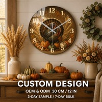 Horloge murale en verre de 12 pouces, thème Thanksgiving, personnalisable, OEM ODM, directement de l'usine, décoration intérieure