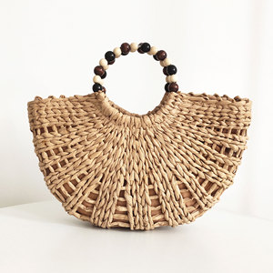 Bolso Tote de Paja Tejida Estilo Bohemio con Asa de Cuentas de Madera, Gran Capacidad, Bolso de Playa Hueco para Vacaciones de Verano y Viajes - Product Image 2