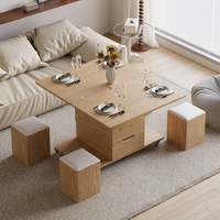 Vente en gros de table basse naturelle moderne 4 en 1 avec pouf de rangement pliable et roulettes