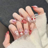 Faux ongles à presser longs et ovales, colorés, avec motifs floraux sculptés, cerisiers et jolis nœuds papillon