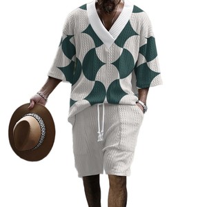 Chemise pour homme en polyester/coton tricoté jacquard respirant à impression numérique 3D, style <span class=keywords><strong>streetwear</strong></span> ample à col en V, vente en gros OEM pour l'été - Product Image 1