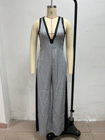 Combinaison pantalon large pour femme, color block, col en V profond, sans manches, avec rayures latérales et poches, élégante pour soirée formelle