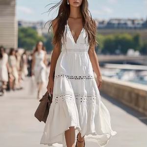 Vestido de algodón blanco de verano para mujer, sin espalda, con cuello halter, elegante, con encaje calado, informal, midi, de algodón, de fabricante de ropa. - Product Image 1