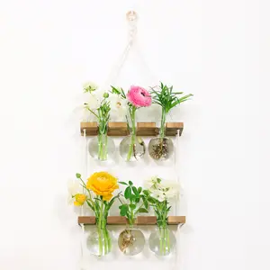 Planter Hydroponic Glass Bottle Vase With Wooden Holder Cotton Rope Propagation Wall Hanging Living Room Home Wall Decoration