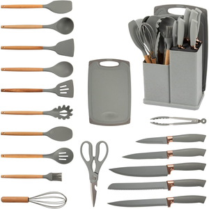 19-Piece Durable <b>Silicone</b> Kitchen Utensil Set with Wooden Handles Dishwasher Safe Modern Cookware & Storage - Product Image 1