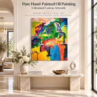 Peinture abstraite figurative expressionniste : Silhouette de maison, arches rouges, formes bombées jaunes, piscine bleue, technique impasto sur toile