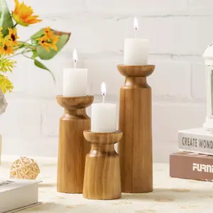 Table Top Decorations Rustic Antiques Wood Candlesticks 3-piece Natural Pine Wooden Base Candle Holder