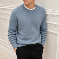 Pull ras du cou côtelé bleu clair pour homme, personnalisé OEM, à manches raglan longues, couleur unie, chaud pour l'hiver, vente en gros de tricots