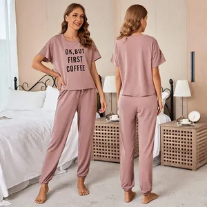 Slogan Graphic Drop Schulter T-Shirt & Hosen Lounge Set Bambus Viskose Pyjamas