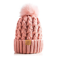Bonnet ample en tricot à logo personnalisé Chapeau ample épais avec pompon en fausse fourrure Chapeau d'hiver