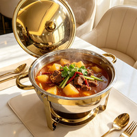 Plat à chafing rond doré 6L en acier inoxydable avec couvercle et réchaud à alcool pour buffet, idéal pour la restauration, les mariages et les événements.