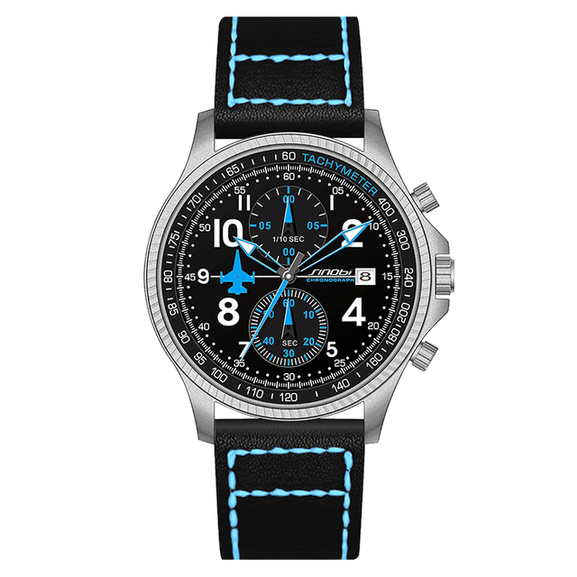 SINOBI Men's Pilot Quartz Watch 43mm Dial Alloy Case Leather Strap Business Style Glass Crystal Pointer Dial