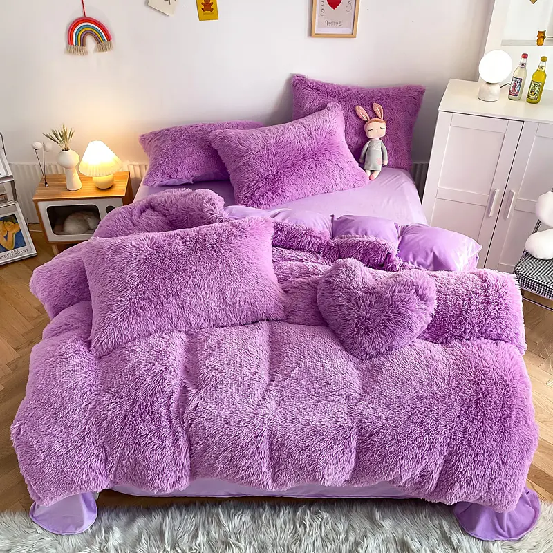 Hot Sale Solid Color Thickened Warm Mink Velvet 4pcs Set With Milk Flannel Crystal Velvet Duvet Bedding sets for Autumn winter