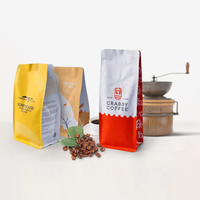 Sacs à café transparents à fond plat personnalisés de 12 oz, sachets de 250 g, emballage personnalisé avec valve et fermeture éclair