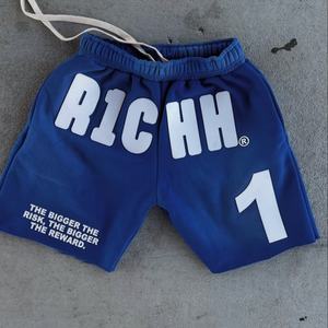 กางเกงขาสั้นผู้ชายสีดำแบบย้อมสีเอซิด สไตล์วินเทจ ผ้าฝรั่งเศสเทอร์รี่ พร้อมลายพิมพ์นูน  แบบลำลอง  ผูกเชือก - Product Image 2