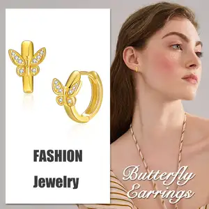 Fine Jewelry Elegant Genuine 925 Sterling Silver 14k Gold Plated Butterfly Mini Hoop Earrings