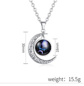 Collier pendentif en acier inoxydable demi-lune croissant étoilé de nuit rétro personnalisé en gros, 12 <span class=keywords><strong>signes</strong></span> du zodiaque, chaînes en verre - Product Image 5