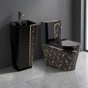 Ensemble WC monobloc et lavabo mural gris de luxe avec ligne dorée pour hôtels étoilés - Product Image 3