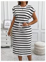 Robe midi droite grande taille personnalisée POVTY pour femme – Robe d'été décontractée ample pour fête et vacances, à rayures, manches courtes, avec nœud sur le devant et fente