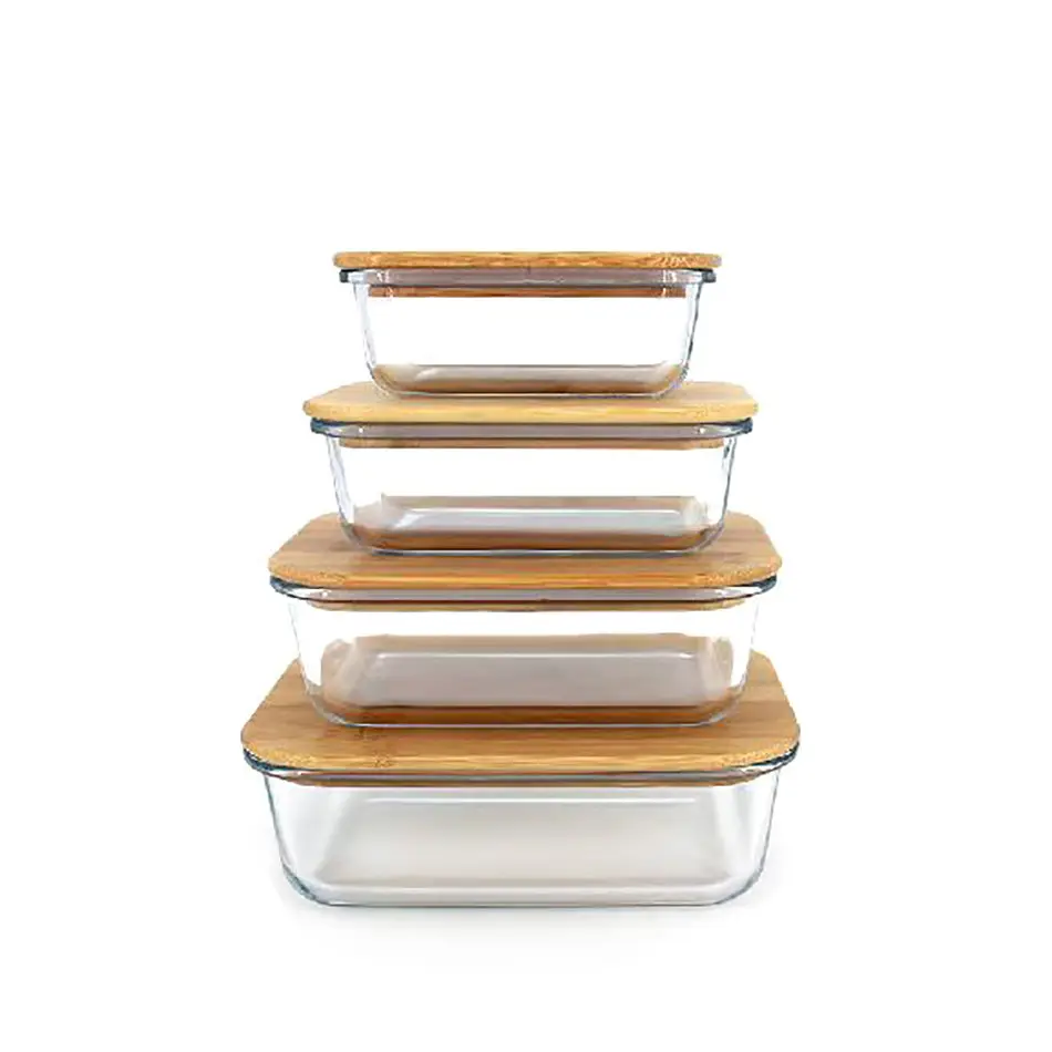 Ökologisch-freundliches rechteckiges Glas Lebensmittelbehälter mit Bambus-Deckel Glas Mittagessen-Schachtel mikrowellen-Lunch-Container-Sets