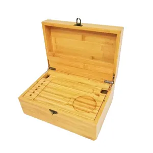 带滚动托盘的竹制储物盒木制药草存储容器，用于存储吸烟配件研磨机管道卷纸