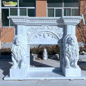 Cheminée en marbre blanc sculpté à la main avec lion - Product Image 4