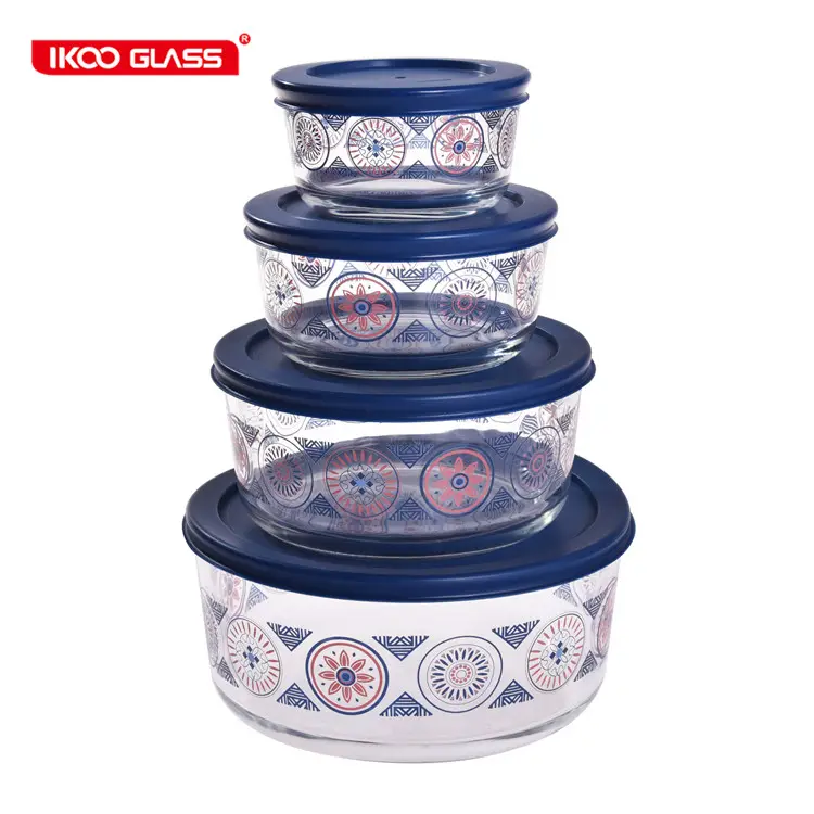 IKOO Thiết Kế Mới Borosilicate Round Eco Hộp Ăn Trưa Bát Thủy Tinh Lớn Có Nắp Nhựa