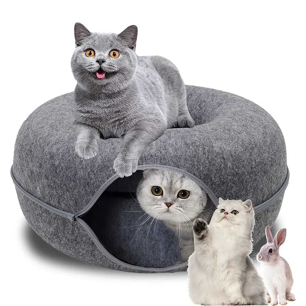 Camisola de feltro para gatos 2 em 1, túnel dobrável para gatos, brinquedo, gatinhos, condo, túnel de feltro redondo para animais de estimação