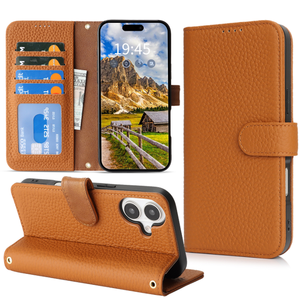Compatible avec 17 Pro, étui de style portefeuille, porte-cartes, fonction support, cuir véritable, antichoc, grande capacité, <span class=keywords><strong>orange</strong></span> - Product Image 2