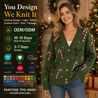 Cardigan de Noël personnalisé pour femme, motif Jacquard Canne à sucre et Aigue-marine, col en V, boutonné, tricoté – Fabrication OEM/ODM, Marque Privée