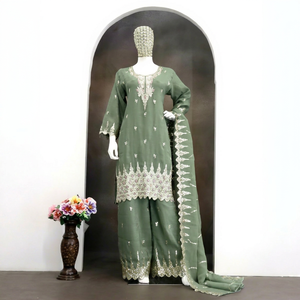 Conjunto de Salwar Kameez Verde Bordado, Ropa Tradicional India y Pakistaní para Ceremonias - Product Image 1