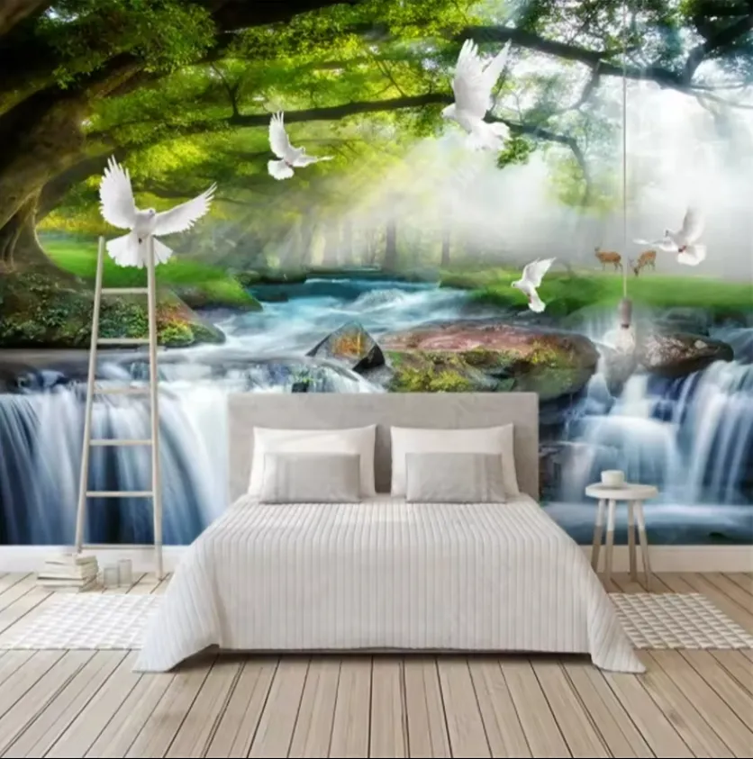 3D фото обои красивый досуг зеленое дерево росписи лес водопад пейзаж обои диван домашний декор